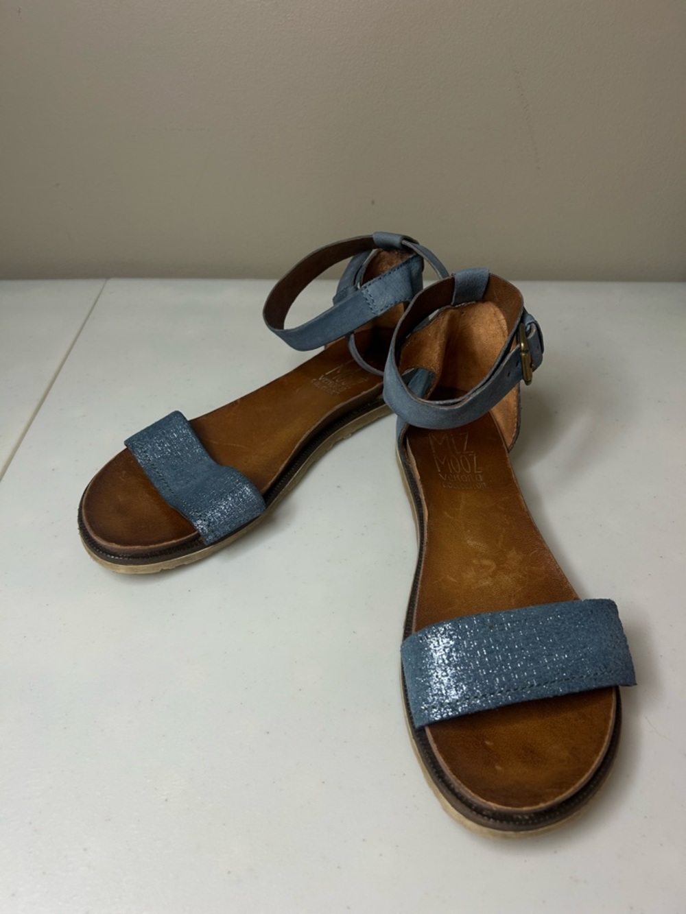 Miz Mooz Verona Leather Ankle Strap Sandals Blue EUC Boho Minimalist